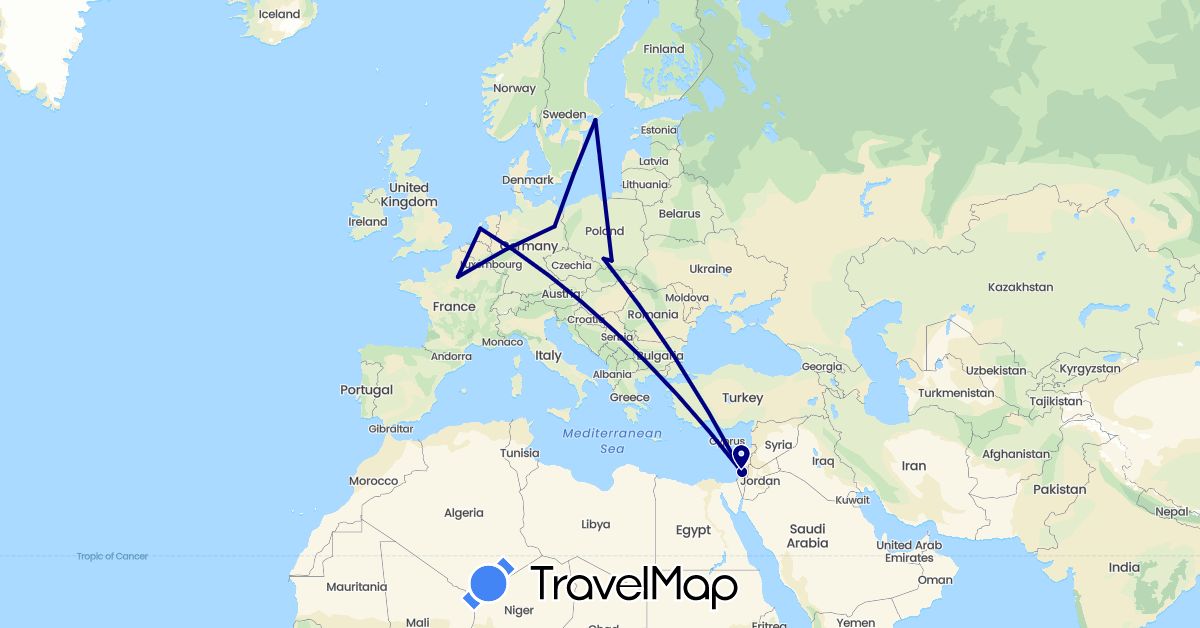 TravelMap itinerary: driving in Germany, France, Israel, Netherlands, Poland, Sweden (Asia, Europe)